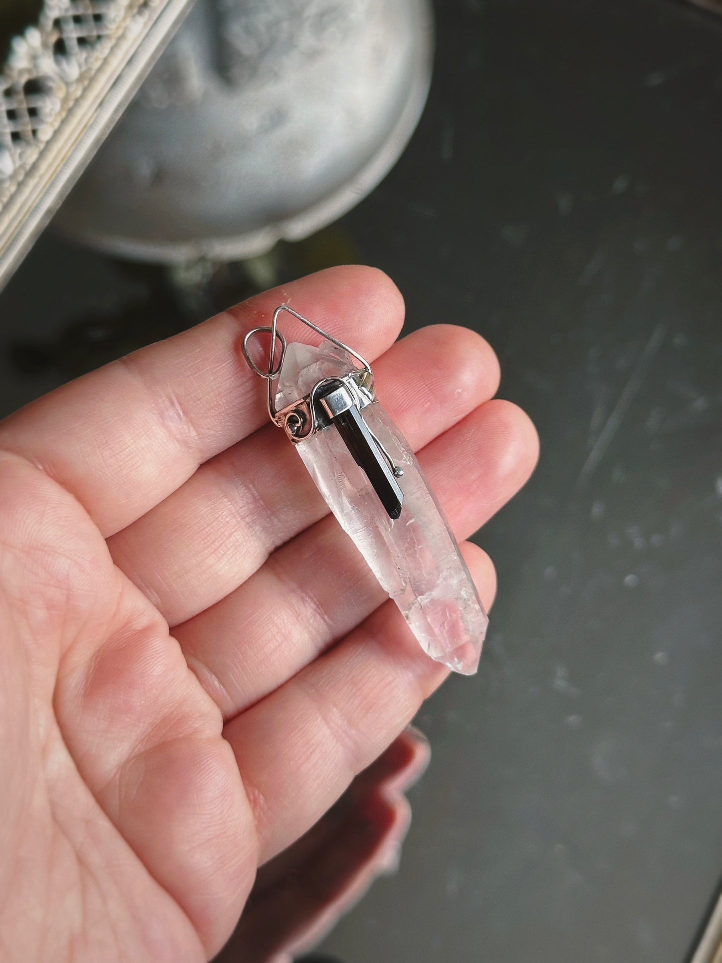 LASER QUARTZ w/ TOURMALINE PENDANT ~ STERLING SILVER