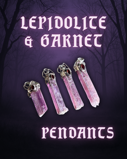 LEPIDOLITE w/ GARNET PENDANT ~ STERLING SILVER