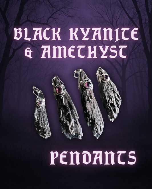 BLACK KYANITE w/ AMETHYST PENDANT ~ STERLING SILVER
