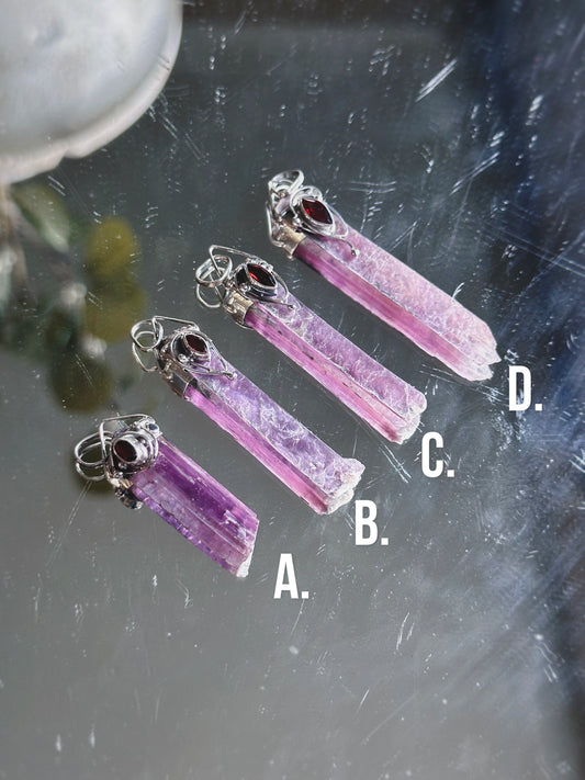 LEPIDOLITE w/ GARNET PENDANT ~ STERLING SILVER